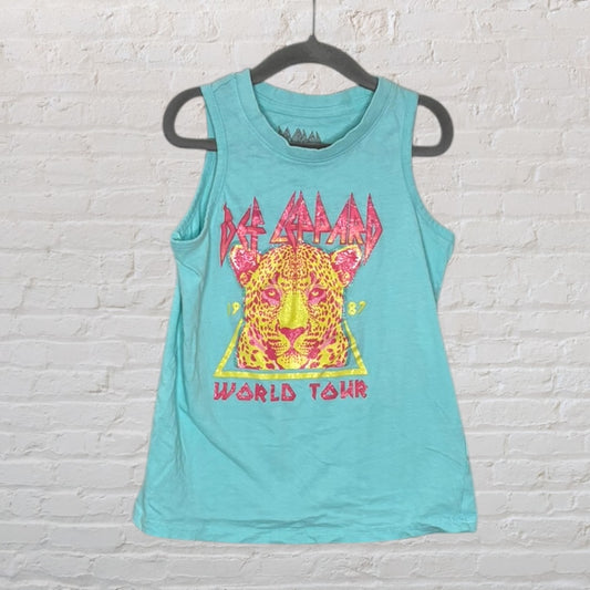 Aqua blue tank top with Def Leppard 1983 World Tour graphic featuring a leopard design.