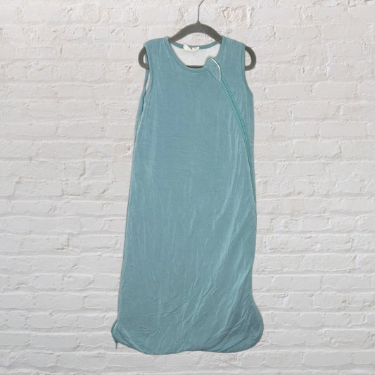 Teal sleeveless baby sleep sack with a side zipper, hanging on a hanger.