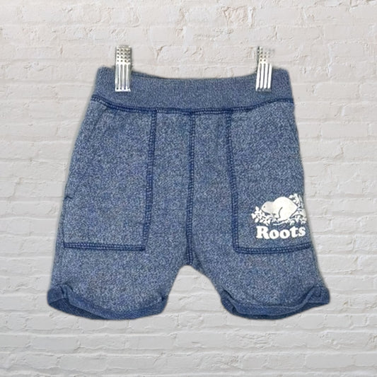 Heather blue shorts from Roots featuring a white beaver logo, displayed against a brick wall.