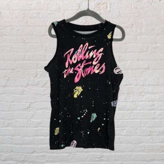 Black sleeveless tank top with Rolling Stones graphic in pink lettering and colorful logos.