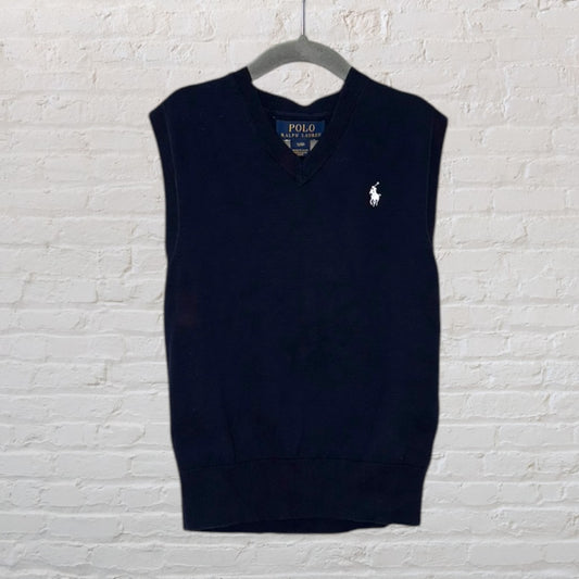 Navy blue V-neck sweater vest by Polo Ralph Lauren with embroidered logo, displayed on a hanger.