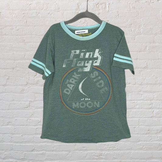 Green Pink Floyd T-shirt featuring 'The Dark Side of the Moon' print, with light blue accents on the sleeves and collar.