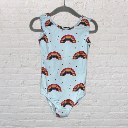 Light blue sleeveless bodysuit with colorful rainbow pattern, displayed on a hanger.