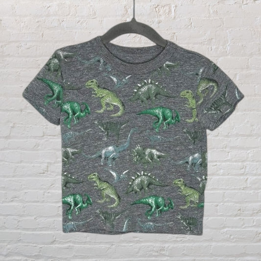 Grey unisex T-shirt with green and white dinosaur print pattern, on a hanger.