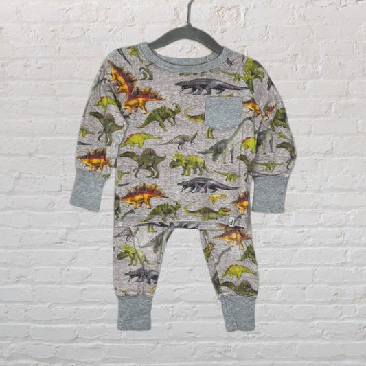 Grey pajama set for kids with multicolored dinosaur print, includes top and pants.