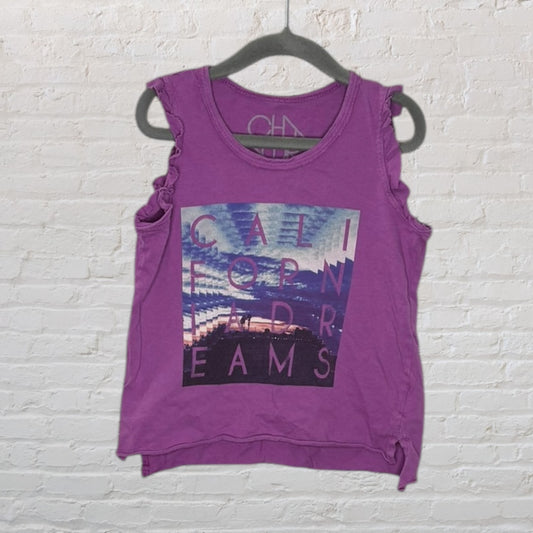 Purple tank top with ruffled sleeves and 'California Dreams' graphic printed on the front.