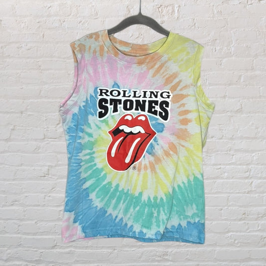 Multicolor tie-dye sleeveless tee featuring a Rolling Stones logo with the iconic tongue and lips graphic.