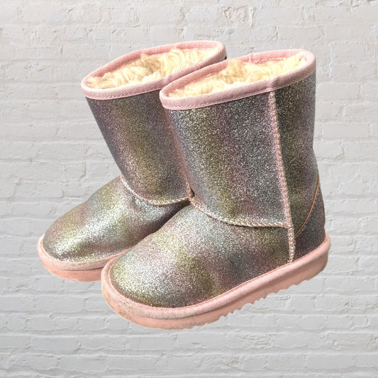 Warm fleece-lined multicolor glitter winter boots with a pink trim and sole.