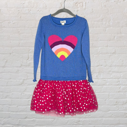 Blue sweater dress with heart appliqué and red tulle skirt, silver heart pattern by Hatley.