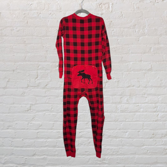 Red and black plaid pajama suit with a moose design on the back flap.